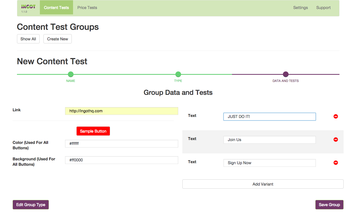Creating a new A/B test group: call to action button test settings