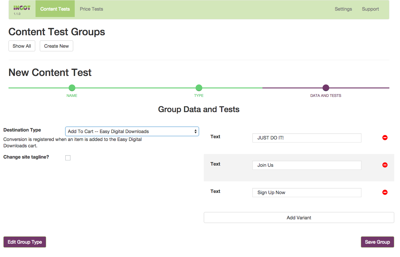 Creating a new A/B test group: Destination test settings