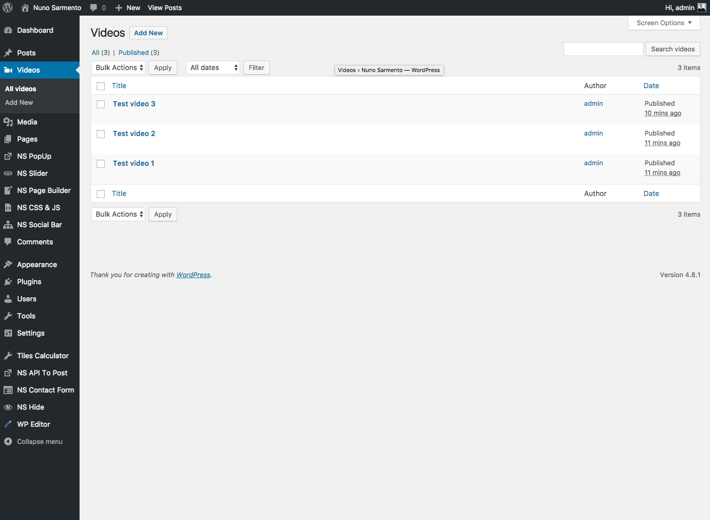 Custom Post Type Videos