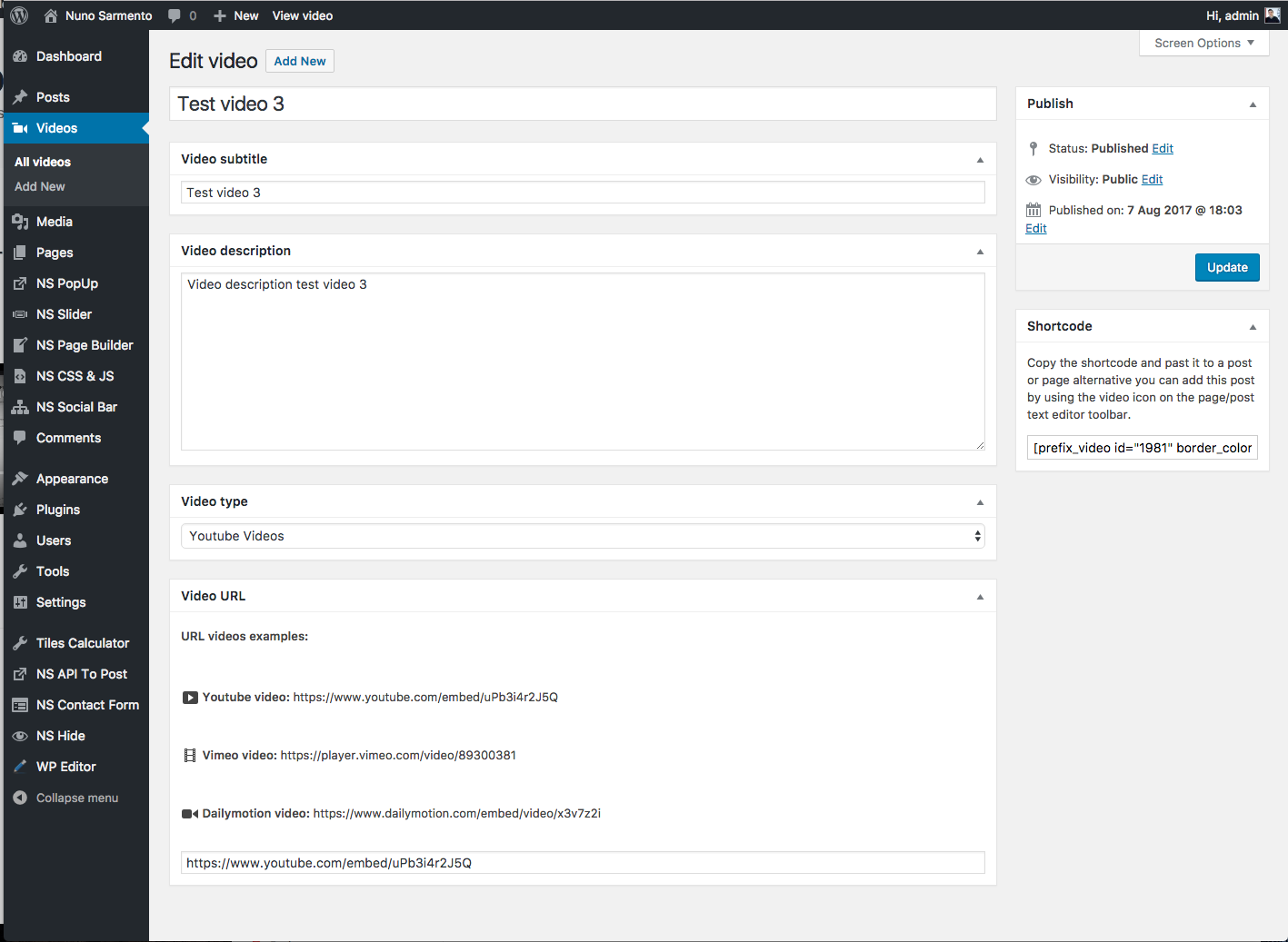 New Custom Post Type Videos