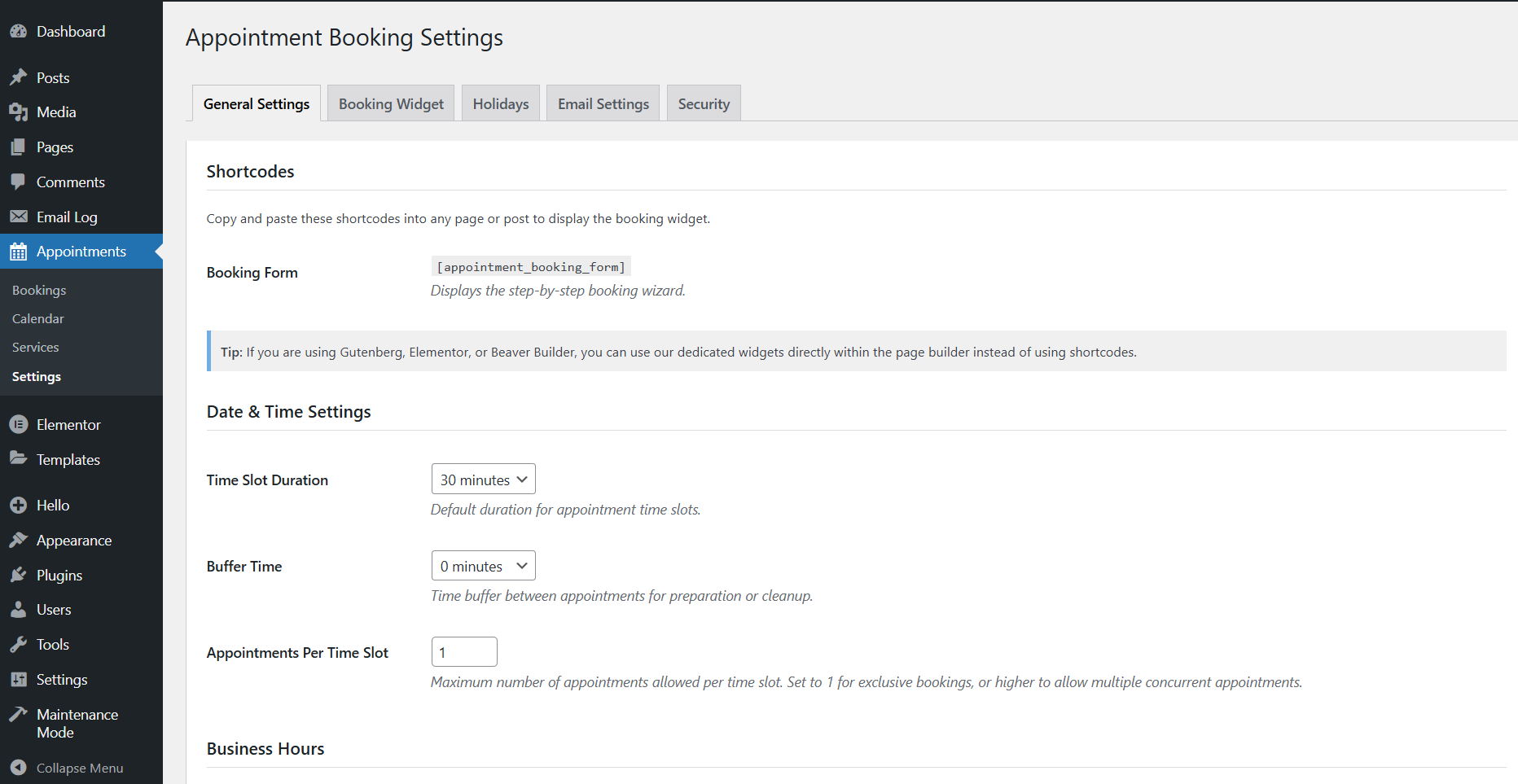 **Holidays Management:** Set days off and special closures.