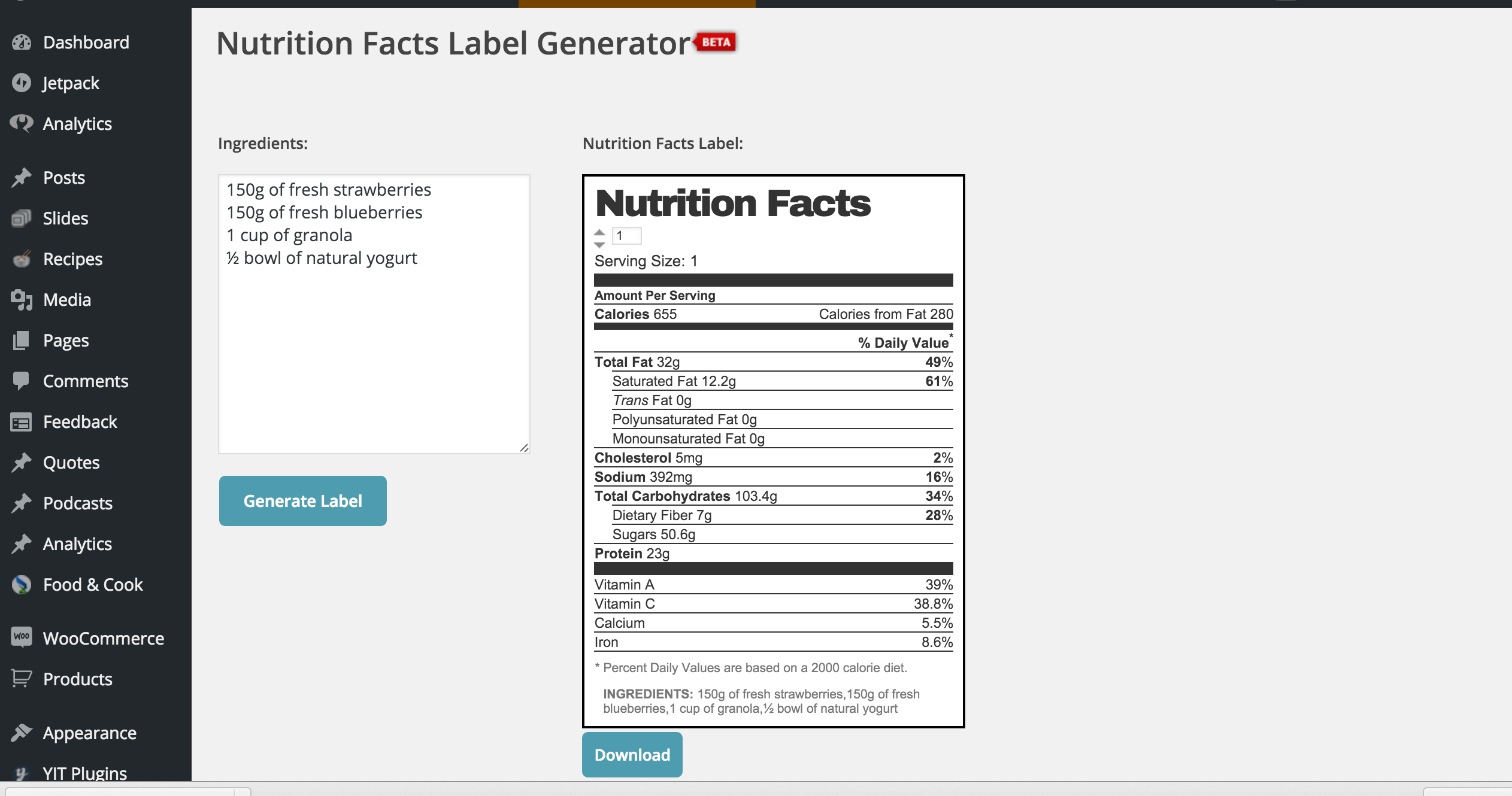 Generate Nutrition Facts Label