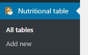 Menu in dashboard of Nutrition Table.