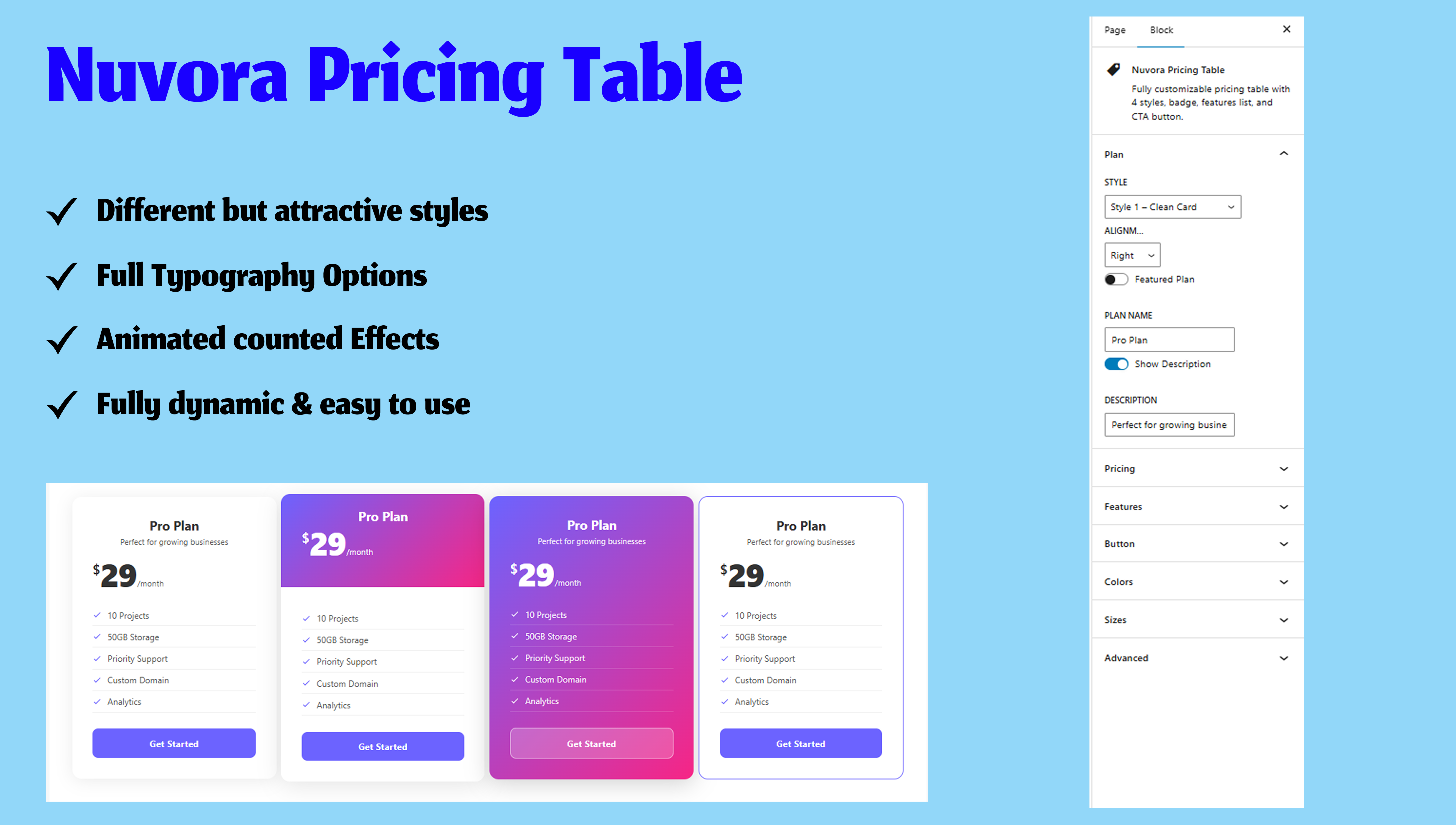 Nuvora Pricing Table — 4 styles with gradient header, feature list, badge, and CTA button.