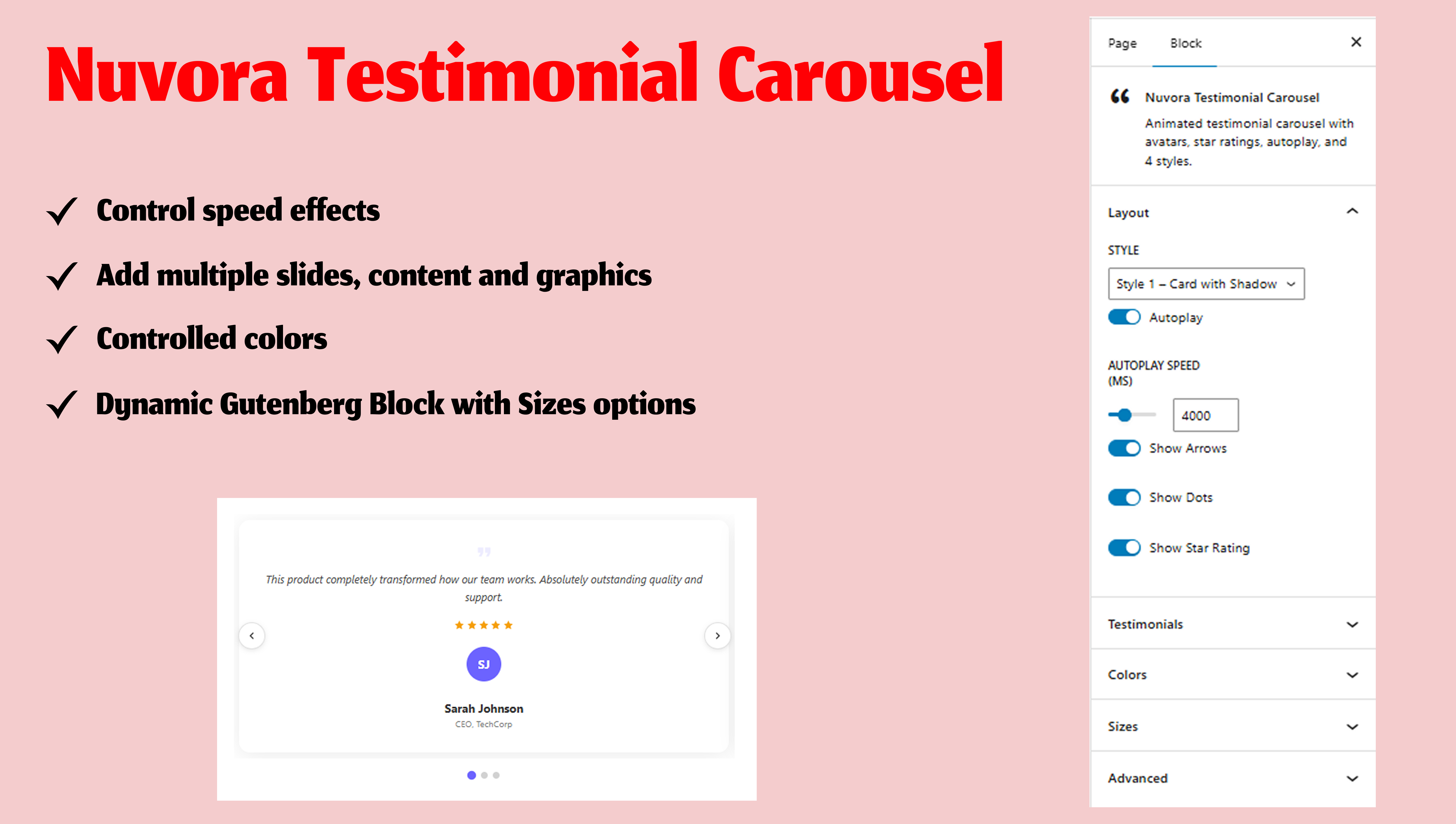 Nuvora Testimonial Carousel — Touch-friendly slider with avatars, star ratings, and autoplay.