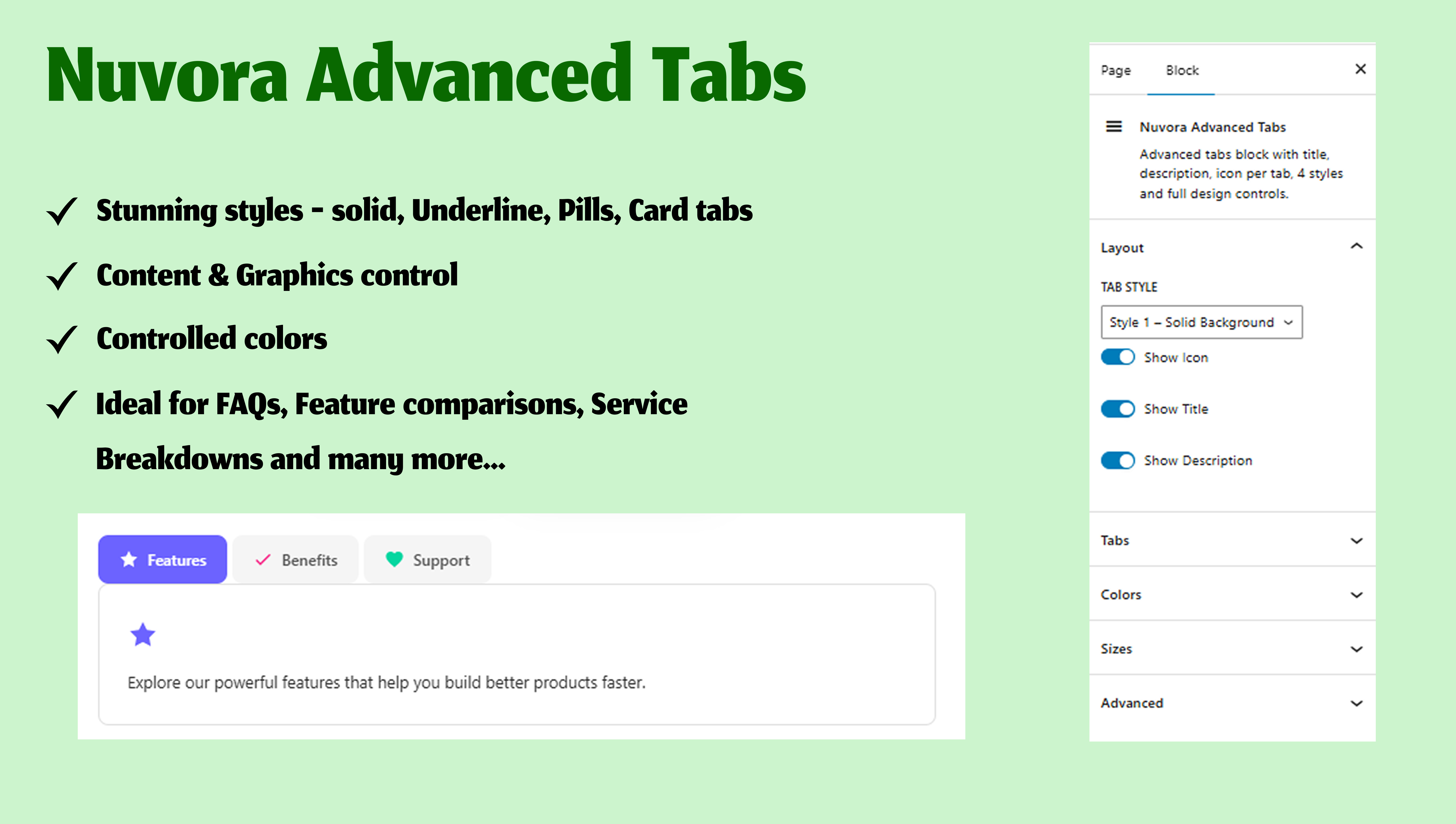 Nuvora Advanced Tabs — 4 styles: Solid, Underline, Pills, and Card Tabs.