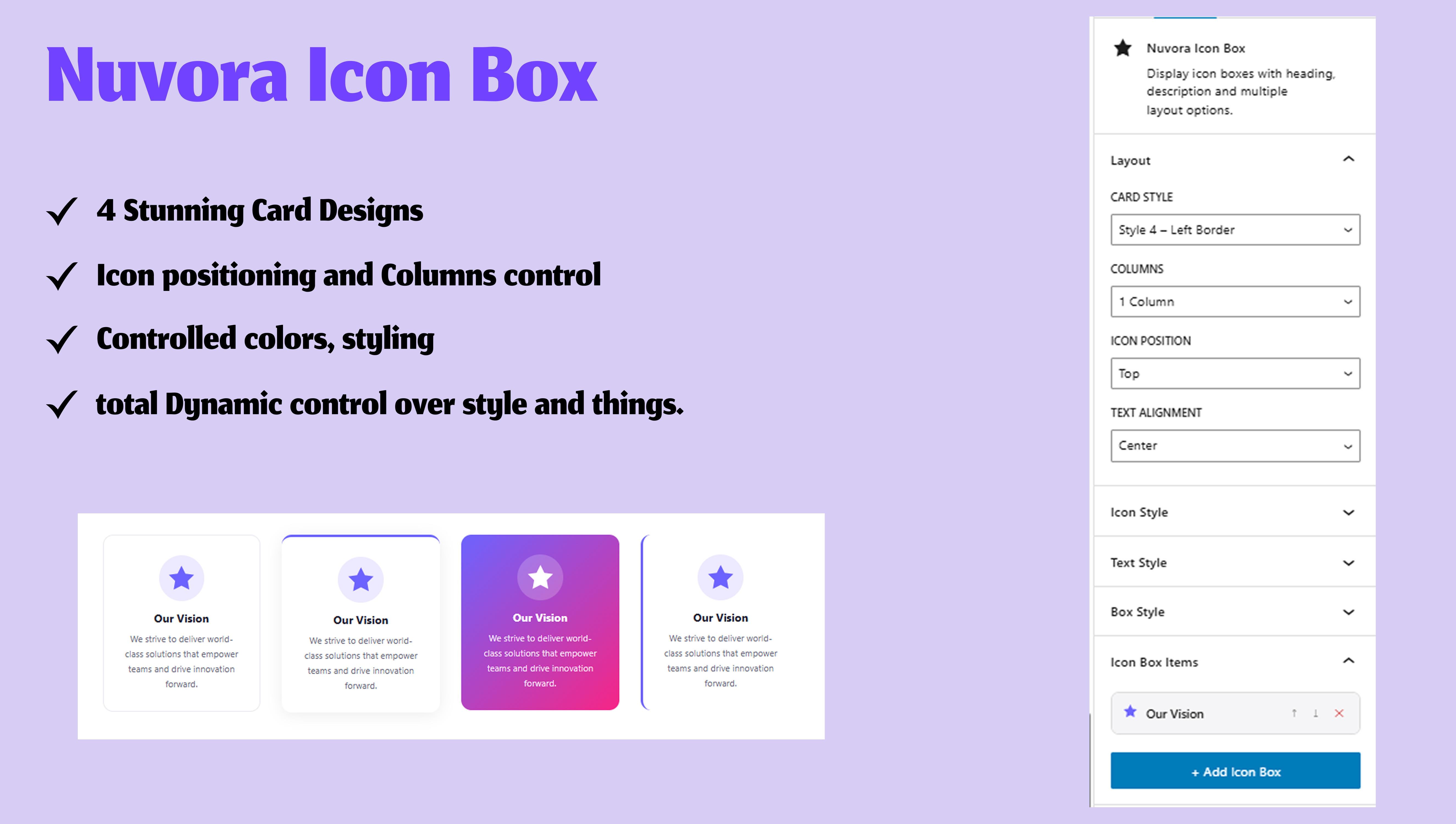 Nuvora Icon Box — 4 card styles with icon position, shape options, and unlimited repeater items.