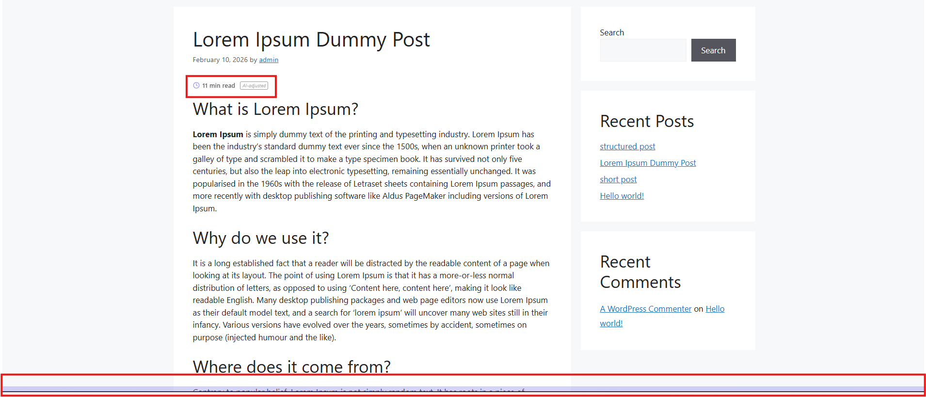 Post editor: Reading Time meta box with override and disable options.