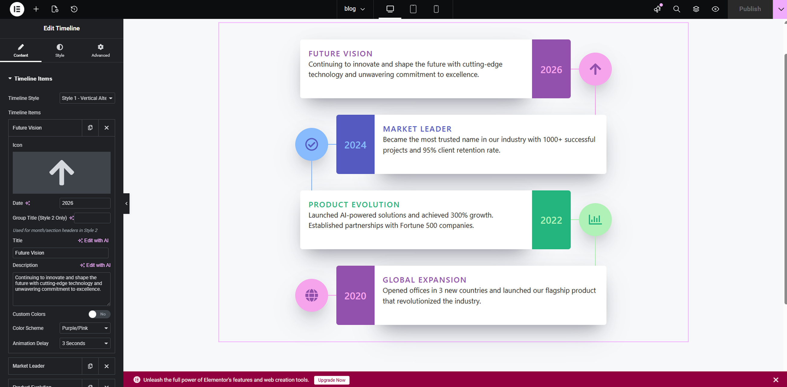Horizontal timeline variation – responsive horizontal scrolling layout with modern connectors and highlighted events.