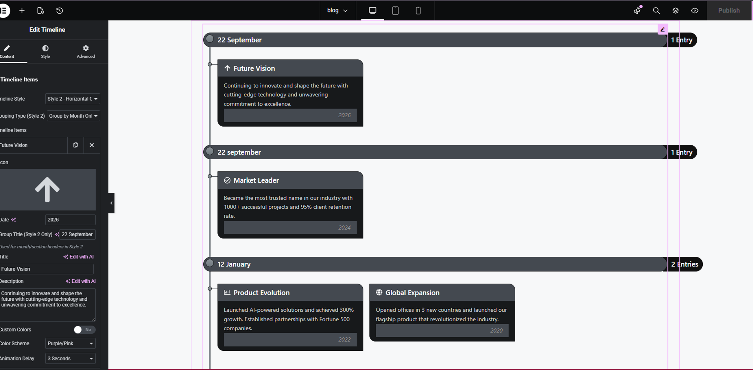 Single timeline item customization – detailed settings panel for title, date, description, icon/image, and connector styling.