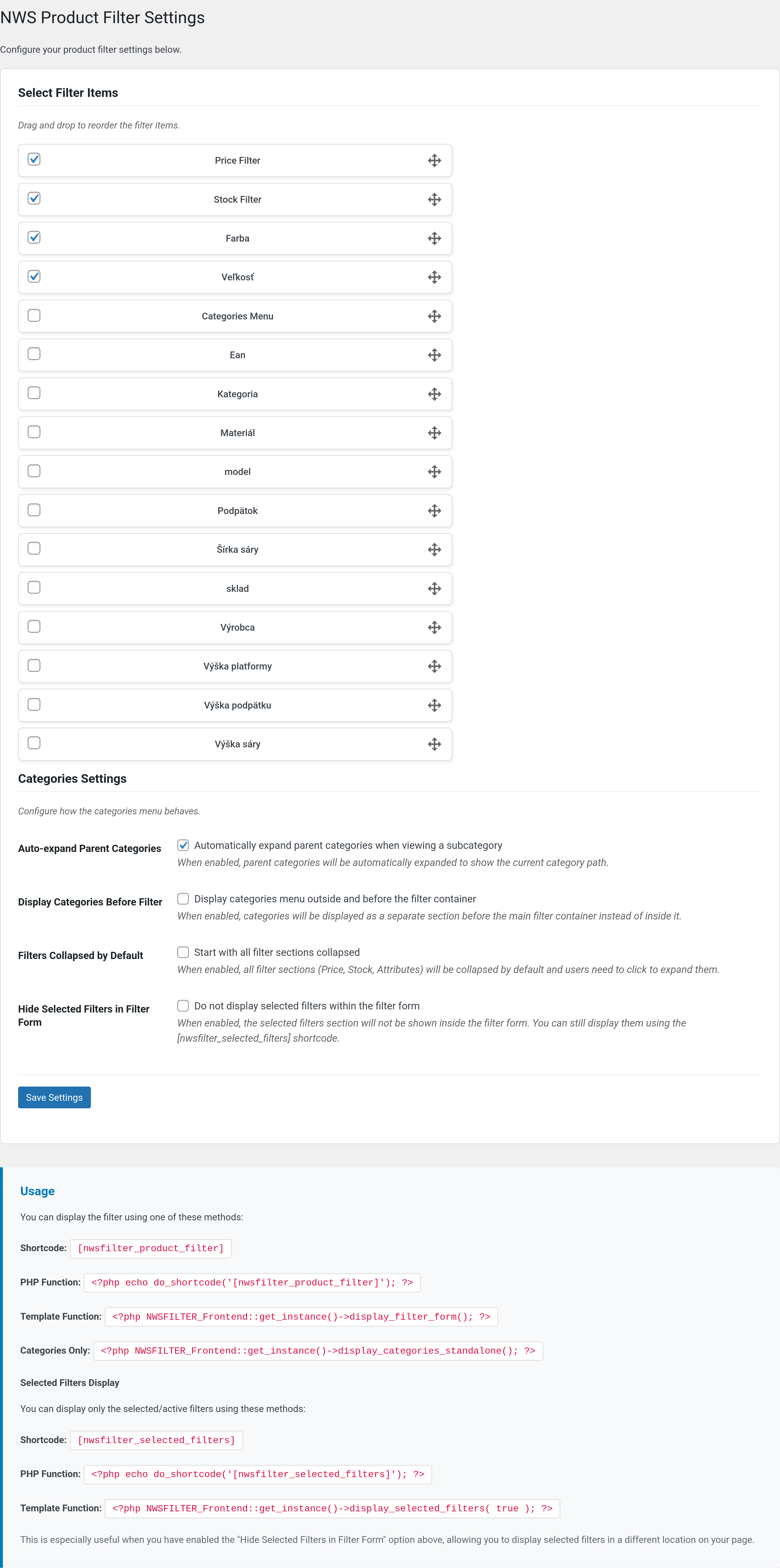 Admin configuration panel