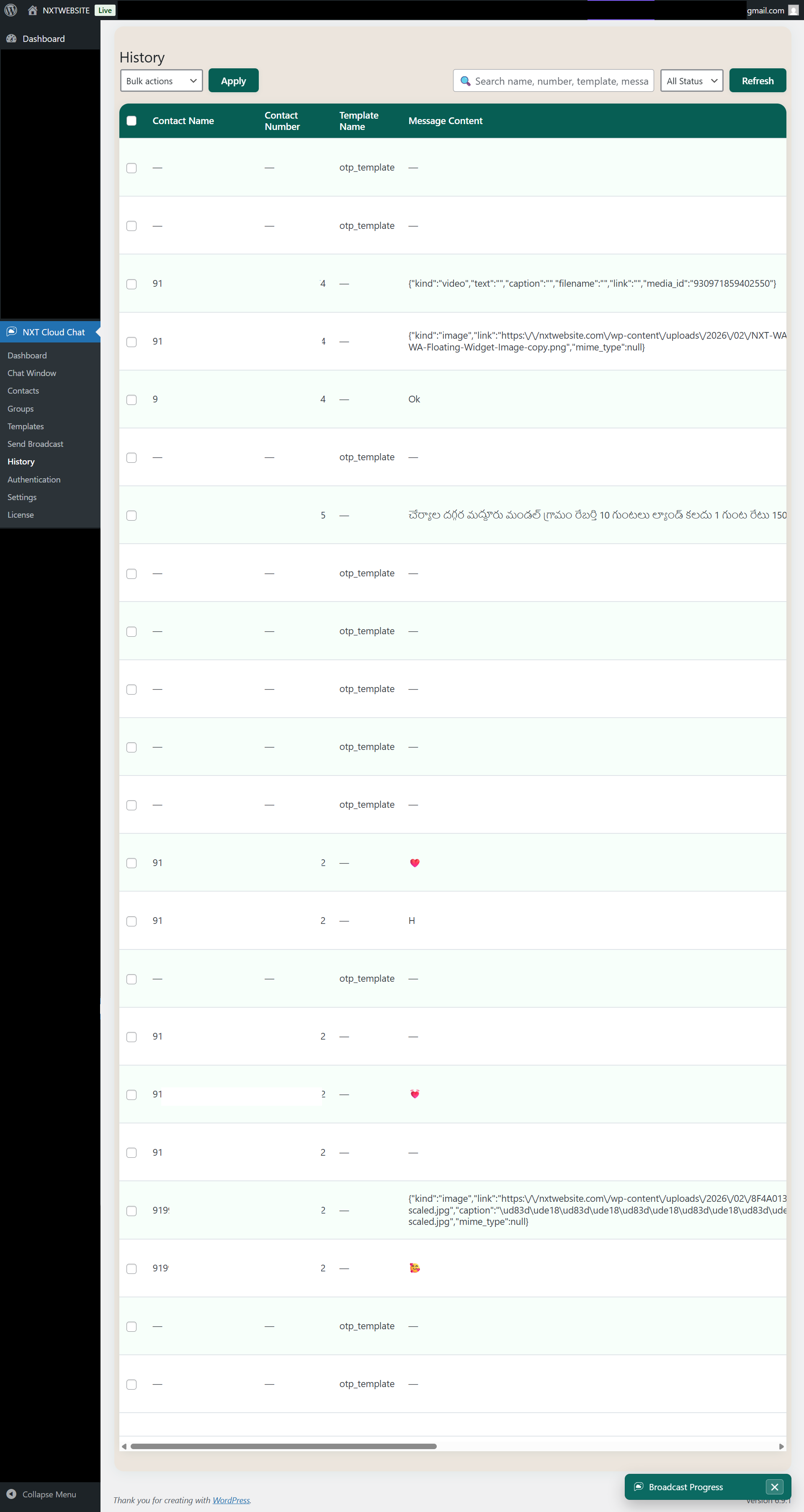 Message history and conversation overview.
