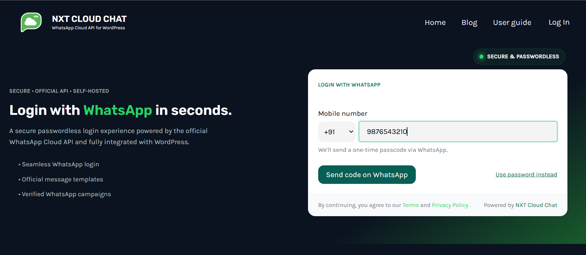WhatsApp login widget embedded on a WordPress page.
