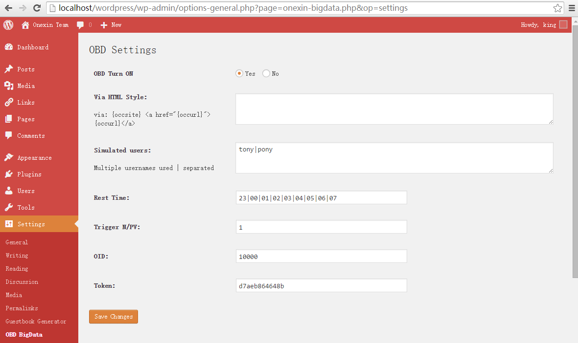 Plugin options page