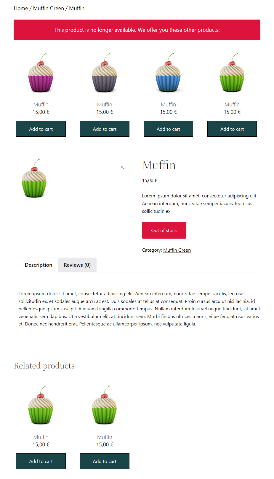Presentation of a product out of stock and 4 recommendations