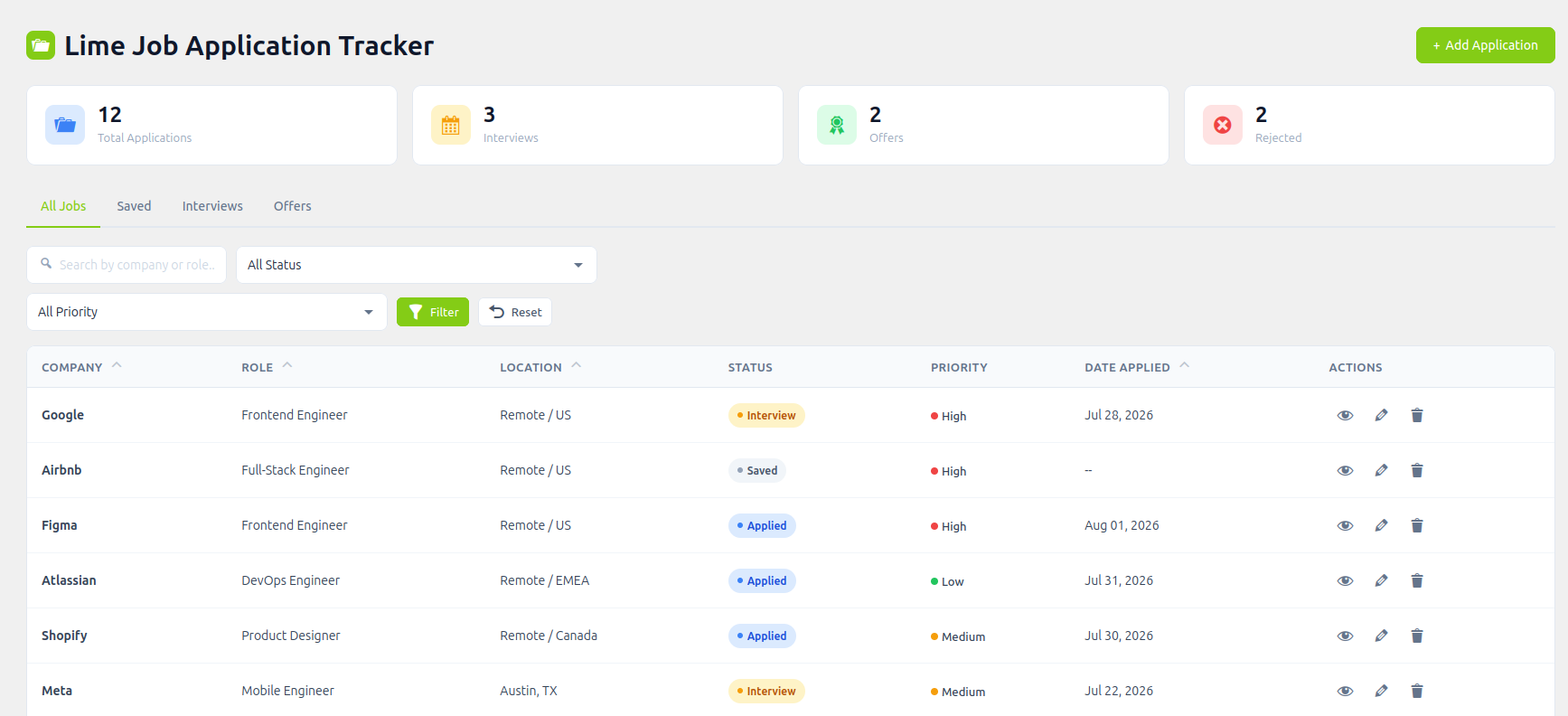 Add / Edit Application — a clean two-column form for logging a new application or editing an existing one.