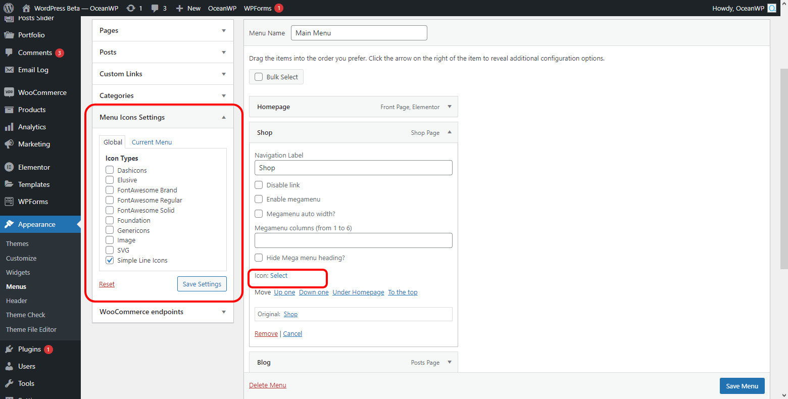 The OceanWP Panel Customizer options and controls.