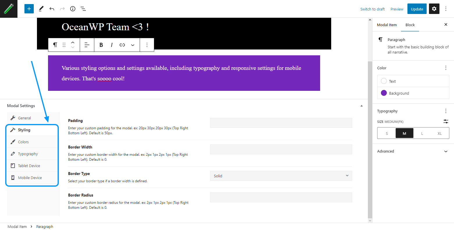 Contact form in a modal window through the content button, as shown on the example of the OceanWP Recipes Template.