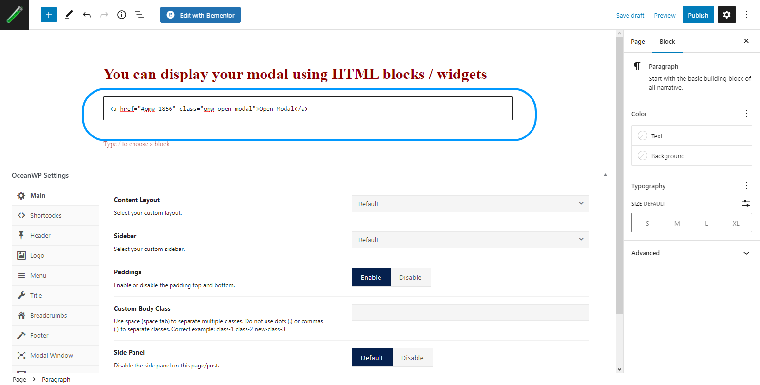 Contact form in a modal window through the custom vertical header button, as shown on the example of the OceanWP Minimal Template.