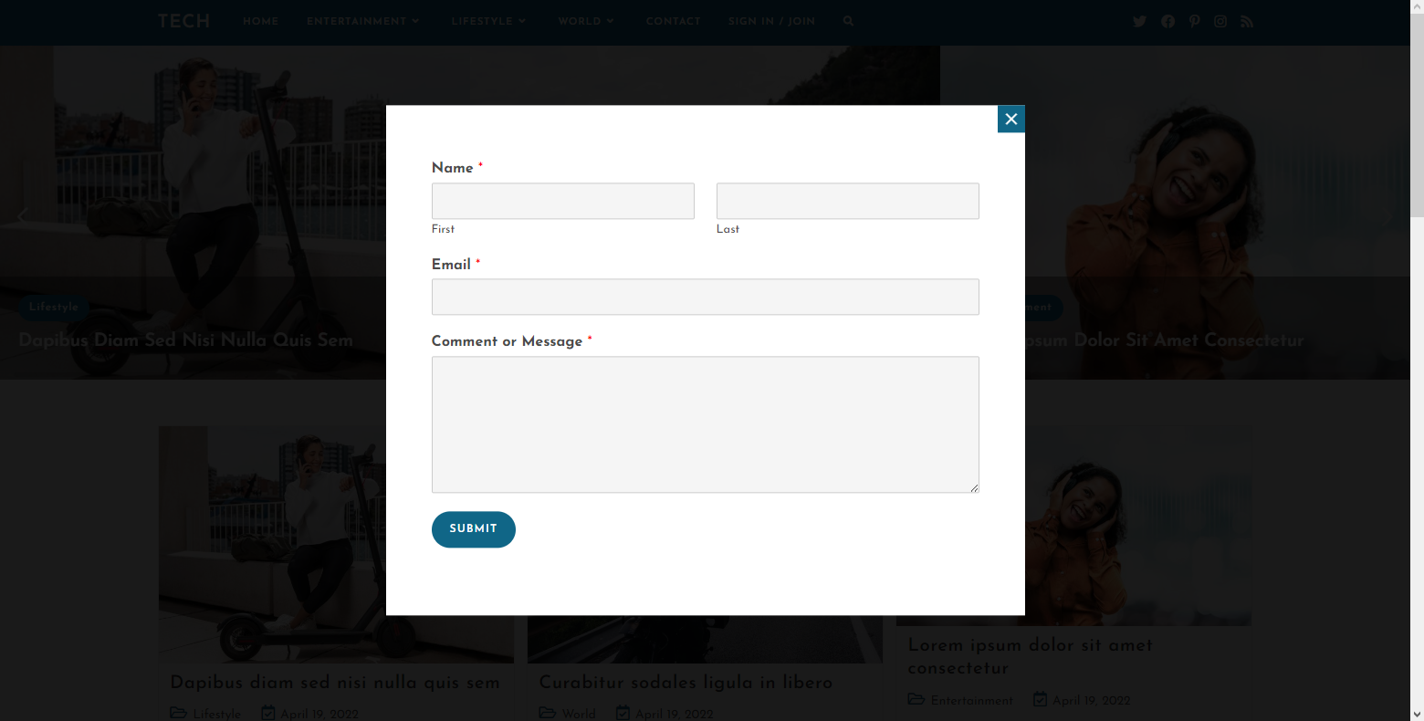 Display of the contact form in a modal window through the website sticky footer, as shown on the example of the OceanWP Simple Template.