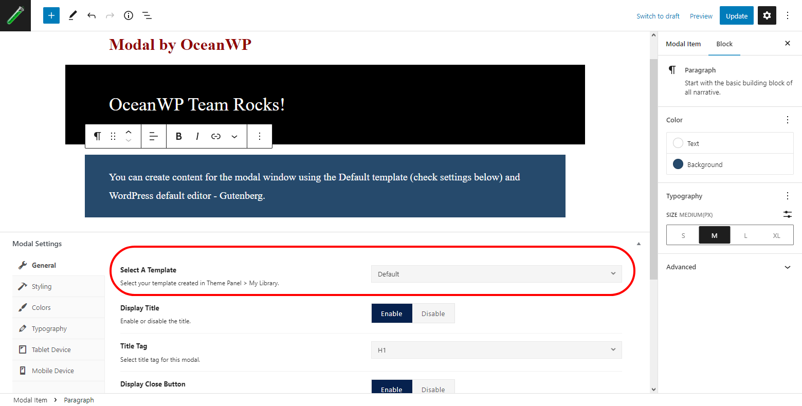 Overview of the Ocean Modal Window options and settings in the WordPress dashboard.