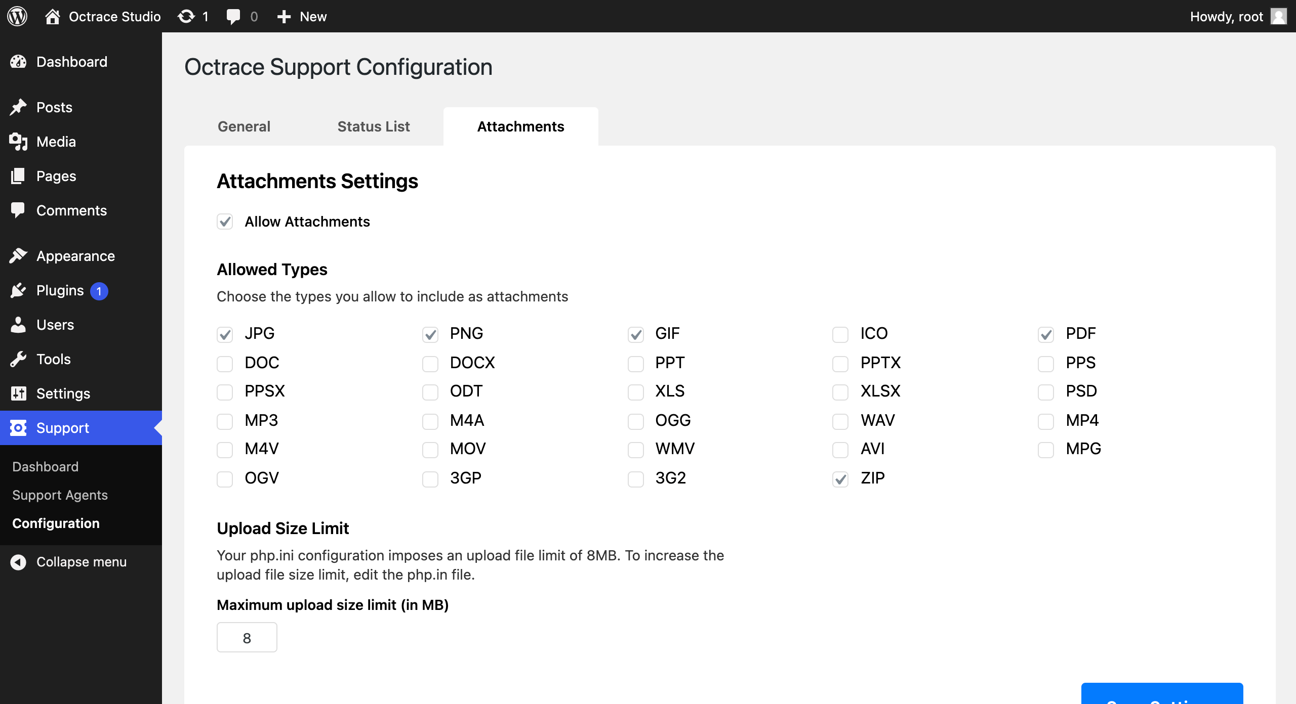 Support Attachments Configuration