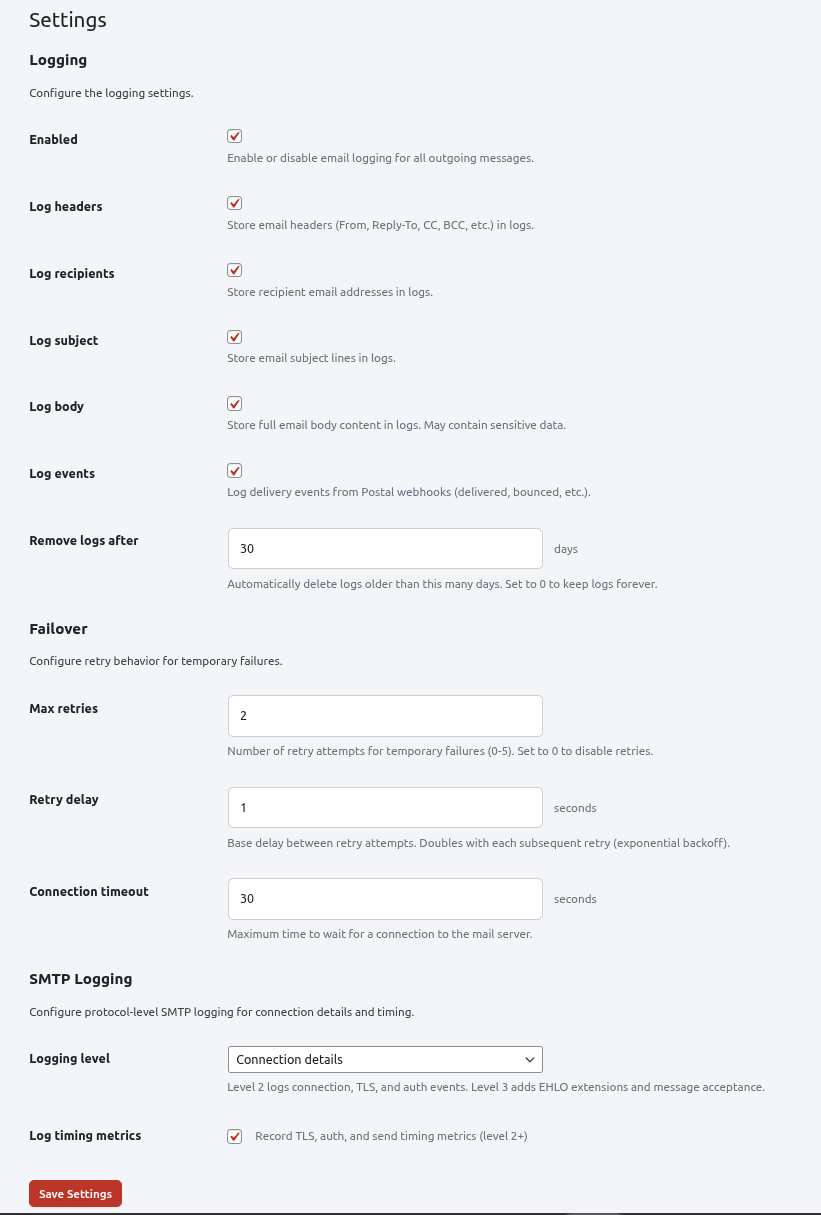 Settings - Configure logging and failover behavior