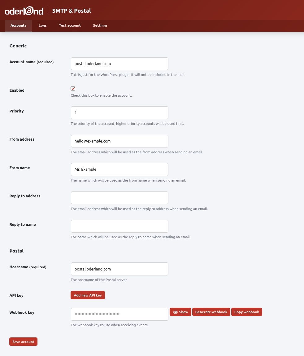 Postal settings - Setting up a Postal account