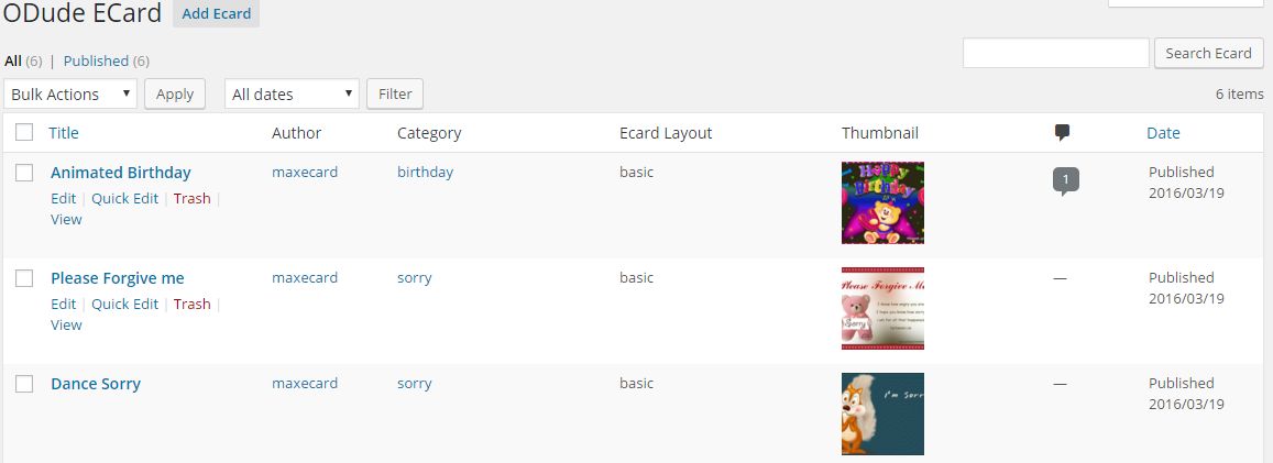 Admin List Ecards