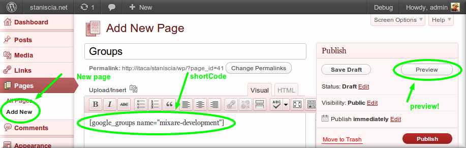 Screenshot Shortcode on page editor [thanks to mixare.org](http://www.mixare.org)