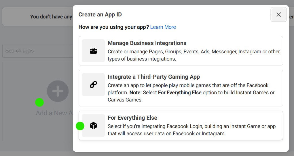 Registering a new Facebook App