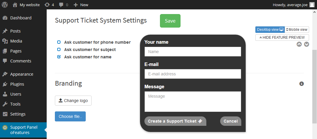 Support Ticket System widget - Example theme