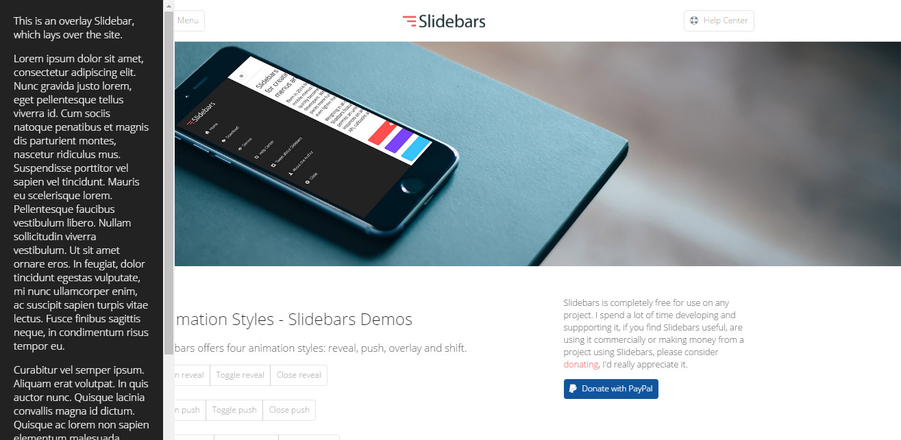 Sidebar left (Overlay effect) -> image from Slidebars website