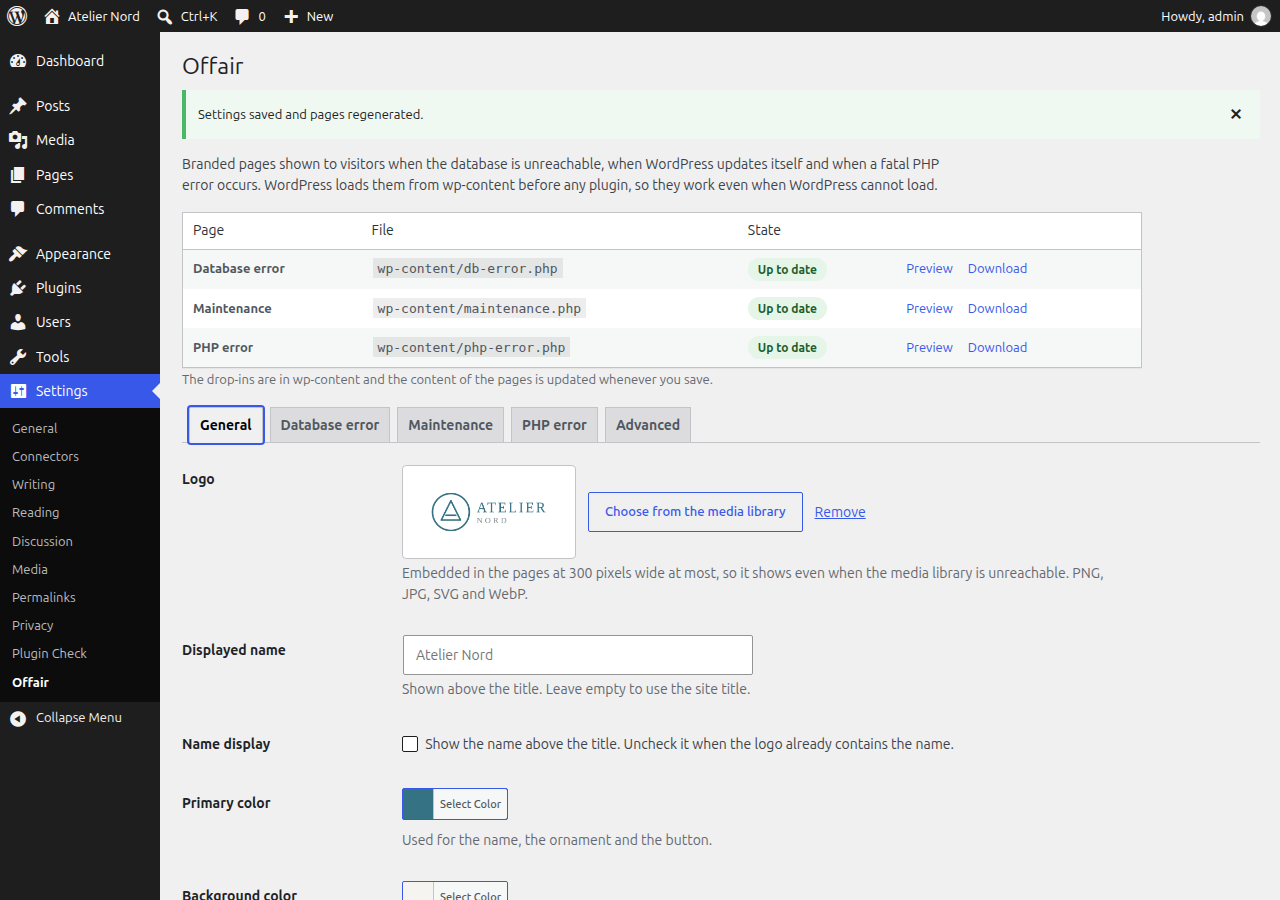 The settings page: state of the three pages, logo, colors and fonts.