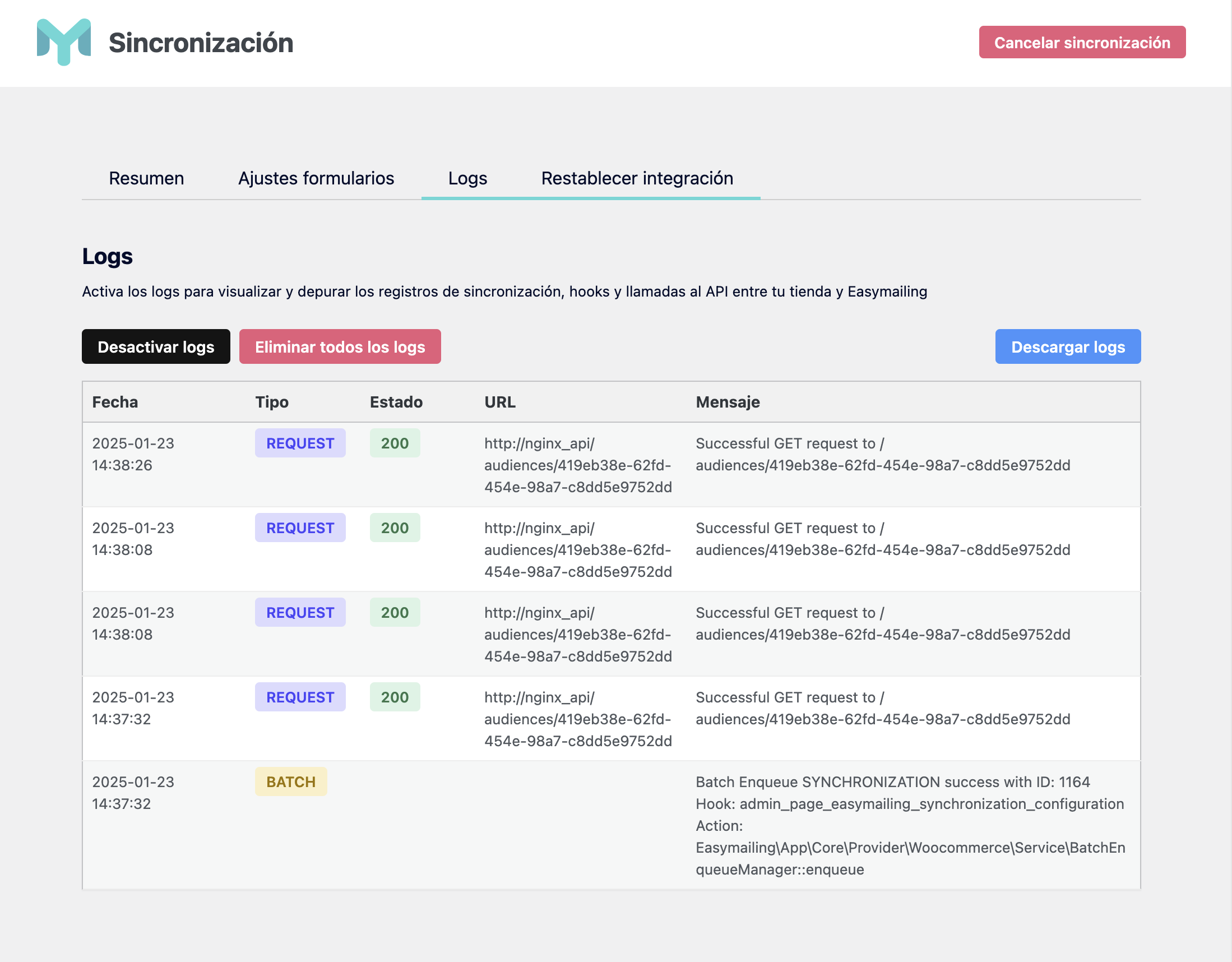 Woocommerce synchronization logs