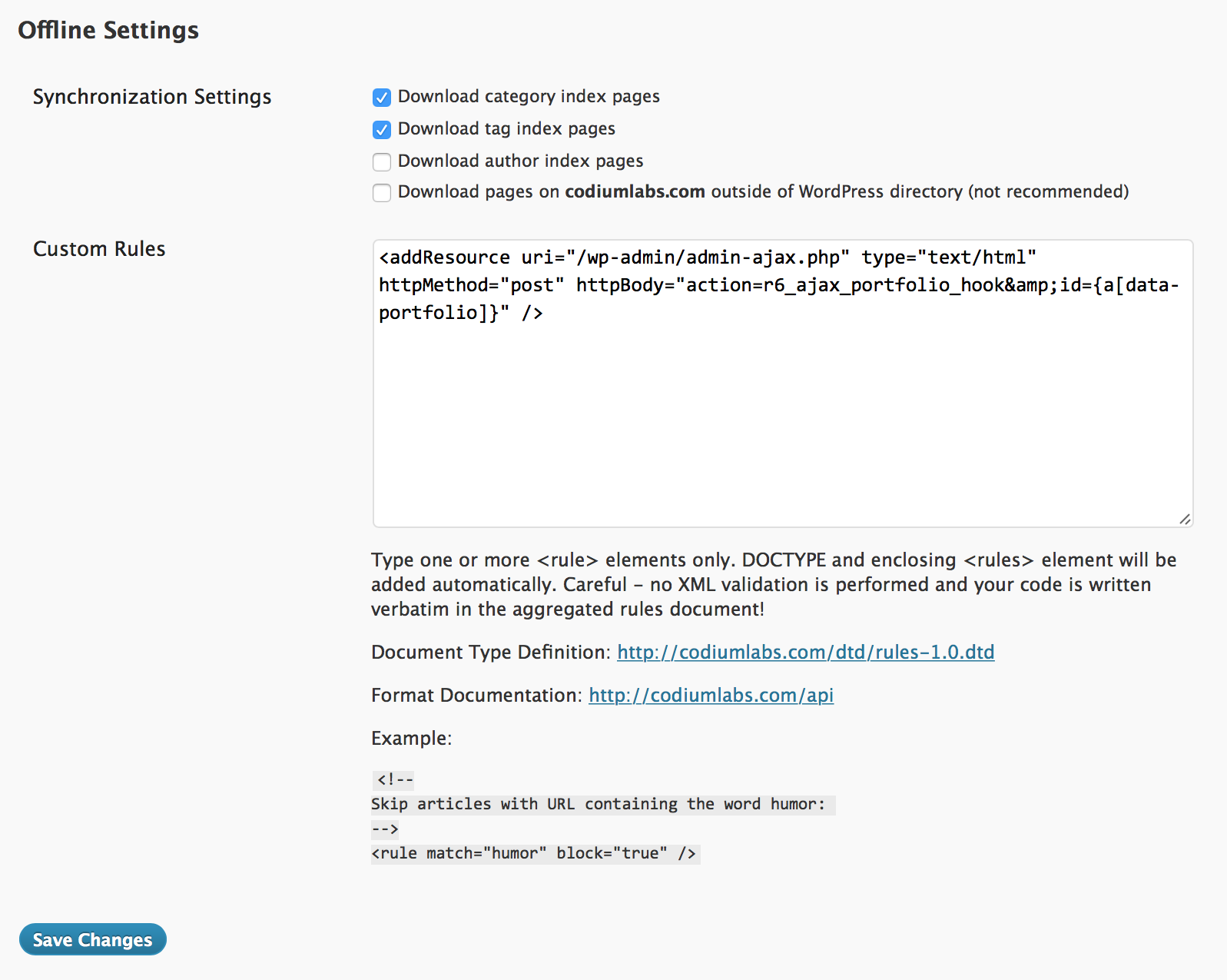 Offline Pages plugin settings page