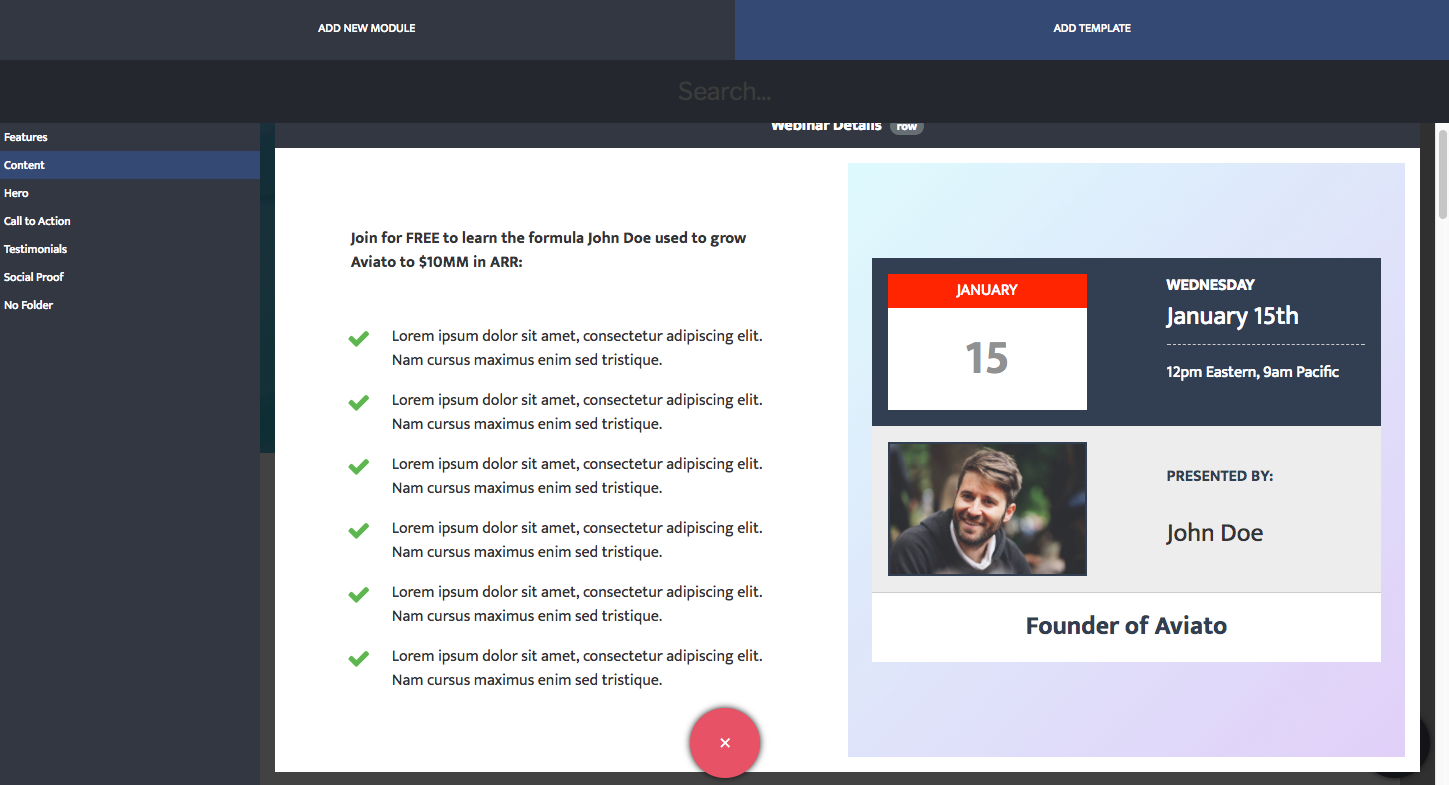 Use row/section templates to build complete pages in a matter of seconds