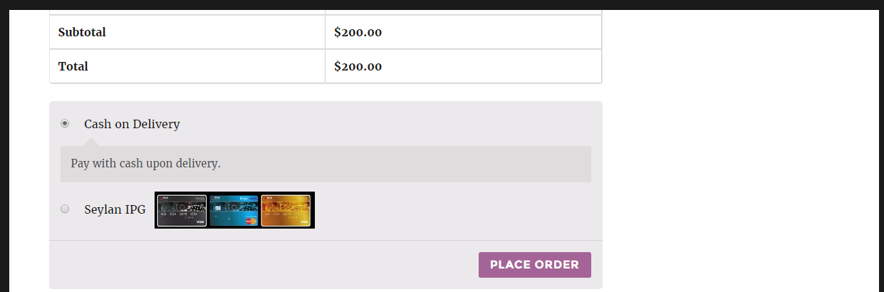 Displayed above are the "Checkout Page" payment options, inclusive of Seylan IPG, offered to users for selection.