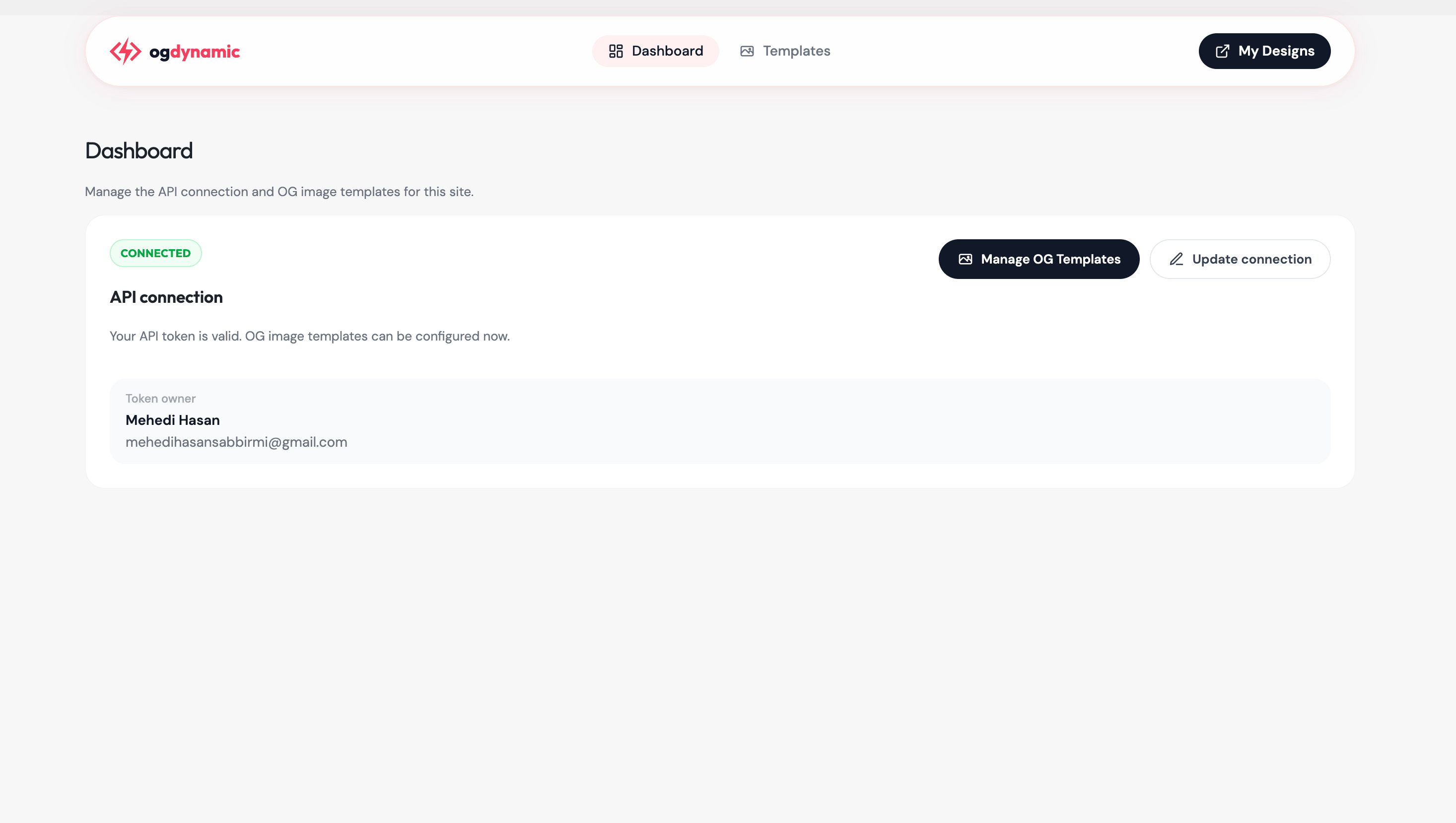 **Dashboard** — View your connection status and account details at a glance, with quick access to manage templates.