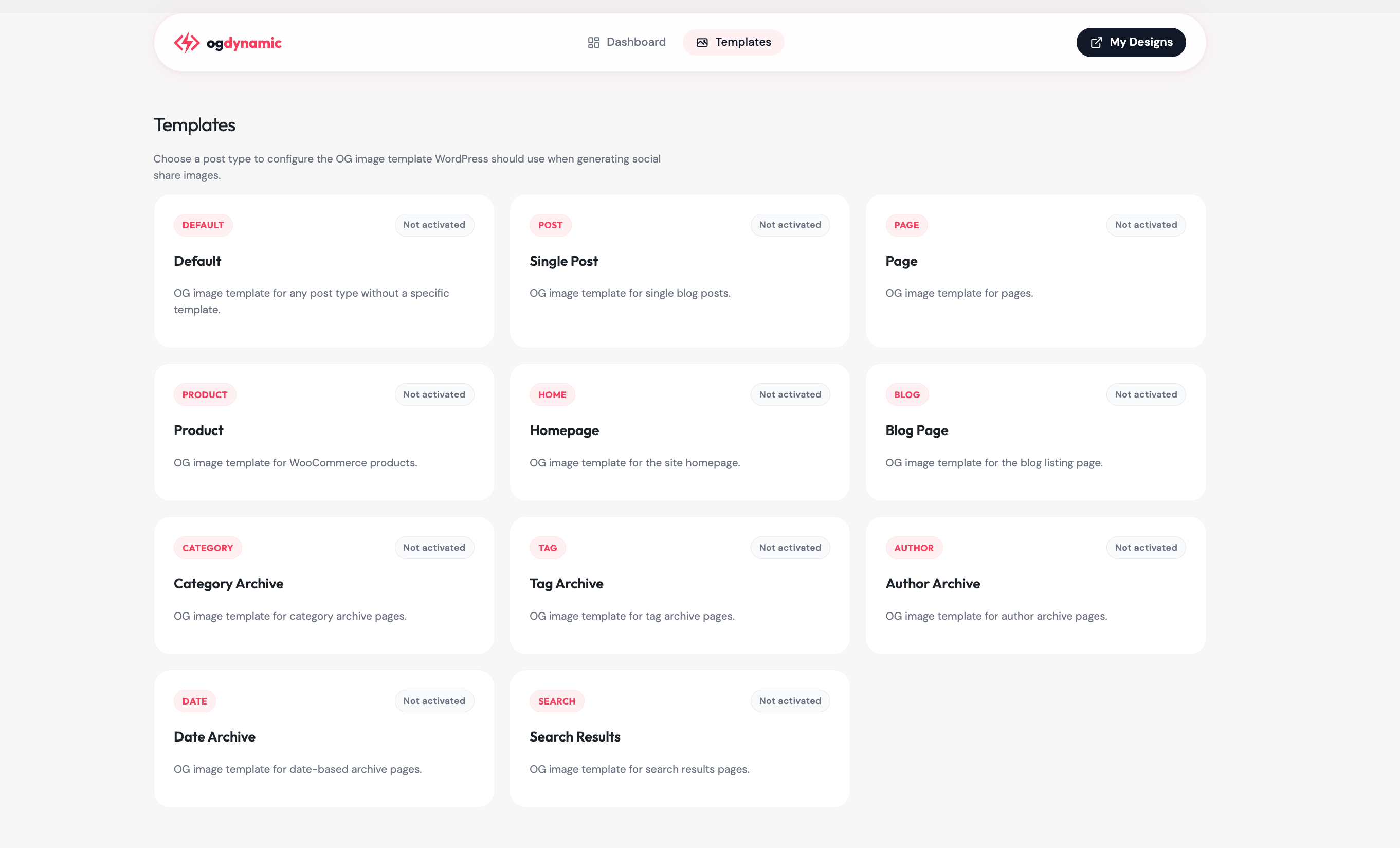 **Templates overview** — Browse all available post types and archive pages. Activated templates show a green badge so you can see which content types have OG images configured.