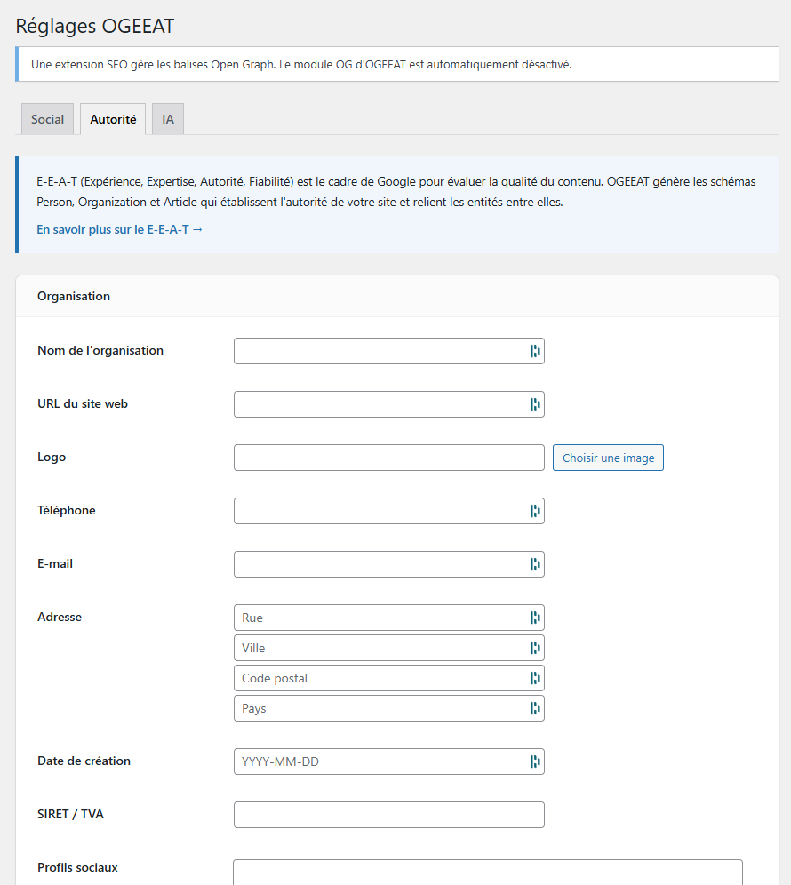 Settings page — Authority tab with Organization fields