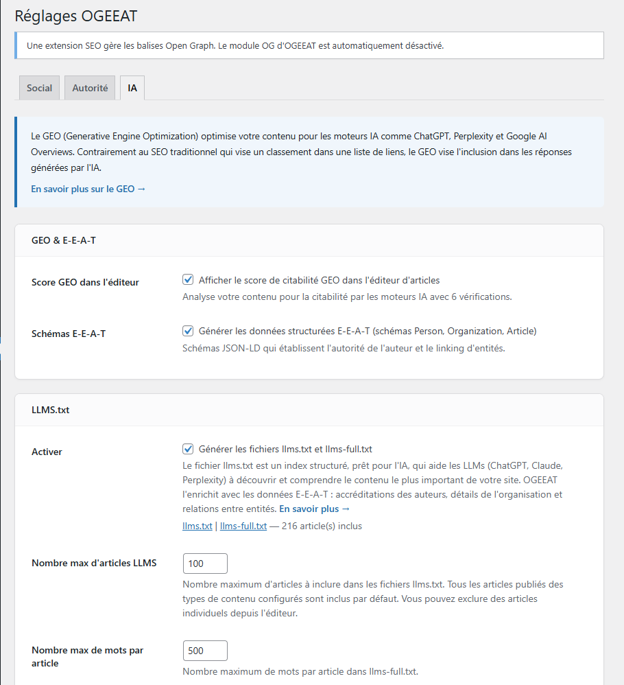 Settings page — AI tab with GEO and LLMS.txt options