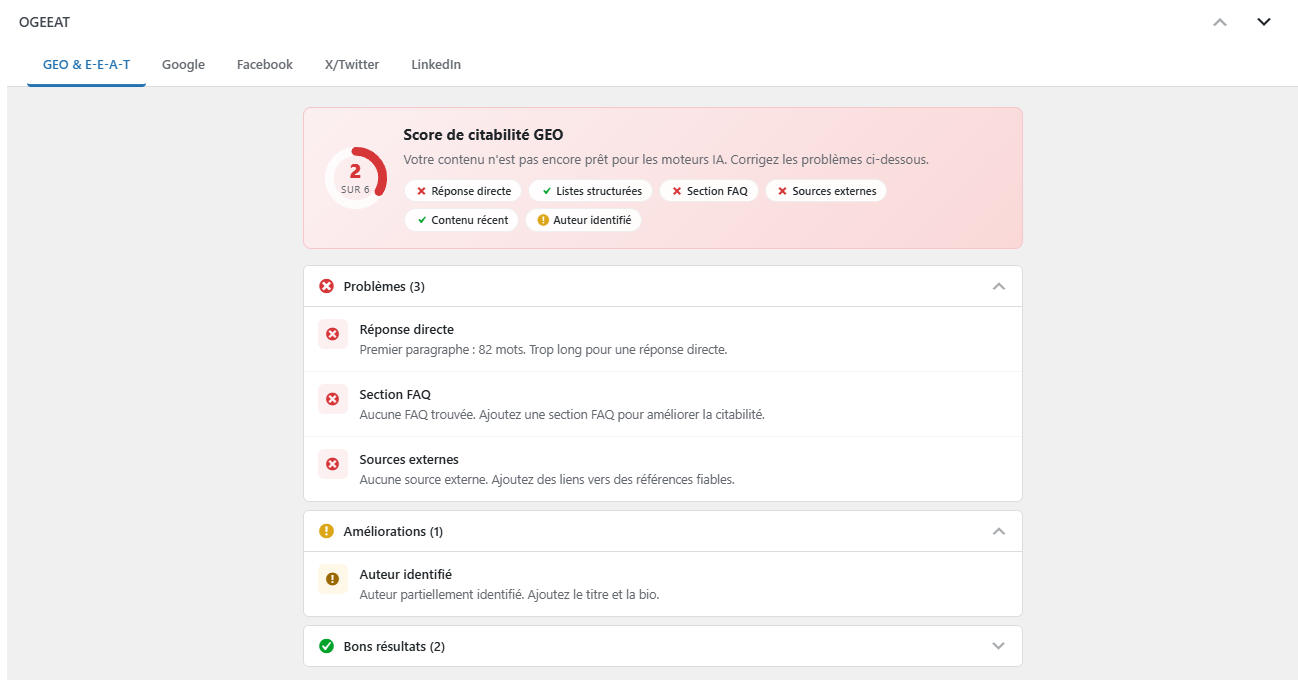 Post editor — GEO citability score with badges and checks