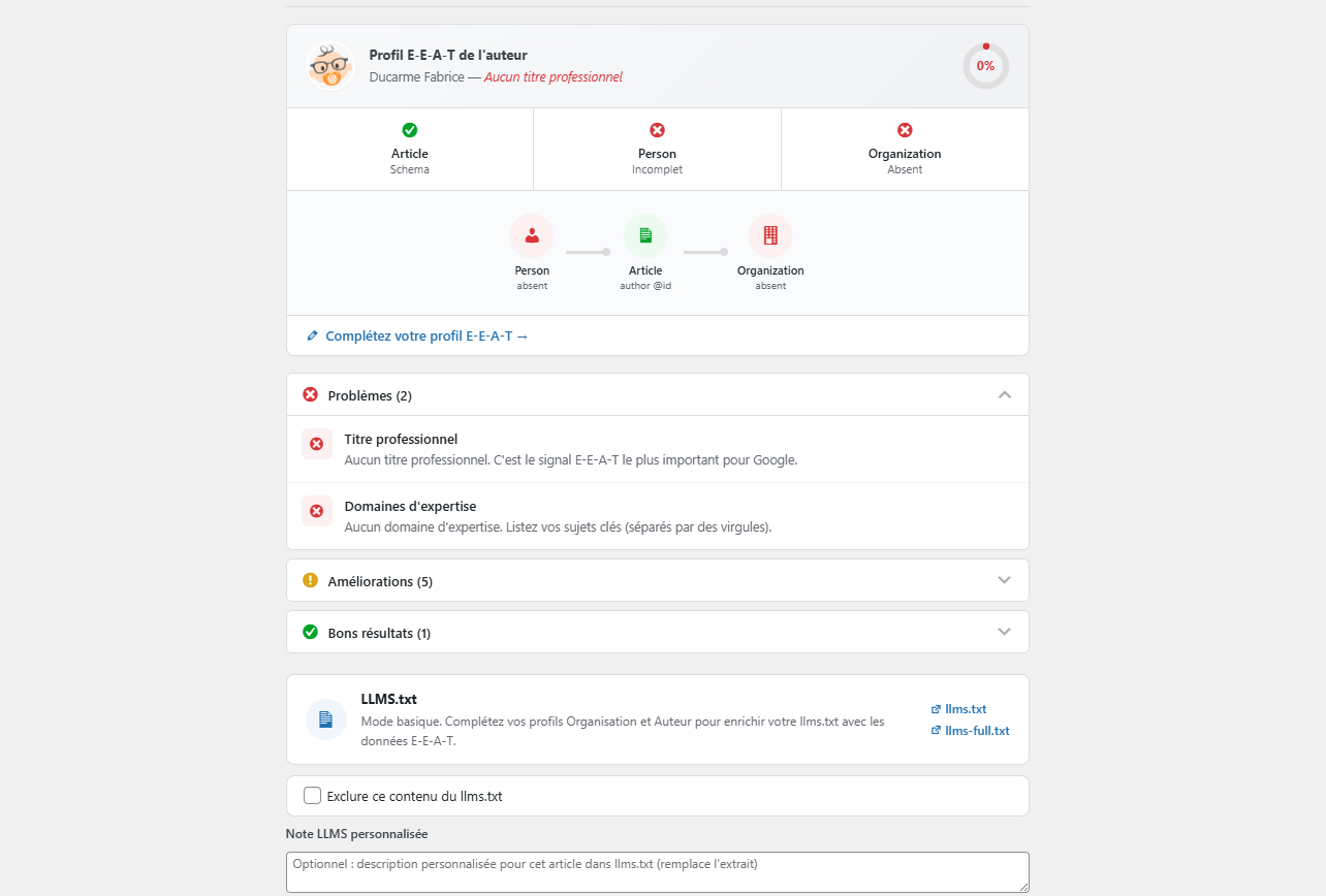 Post editor — E-E-A-T author profile, schema status and entity linking map