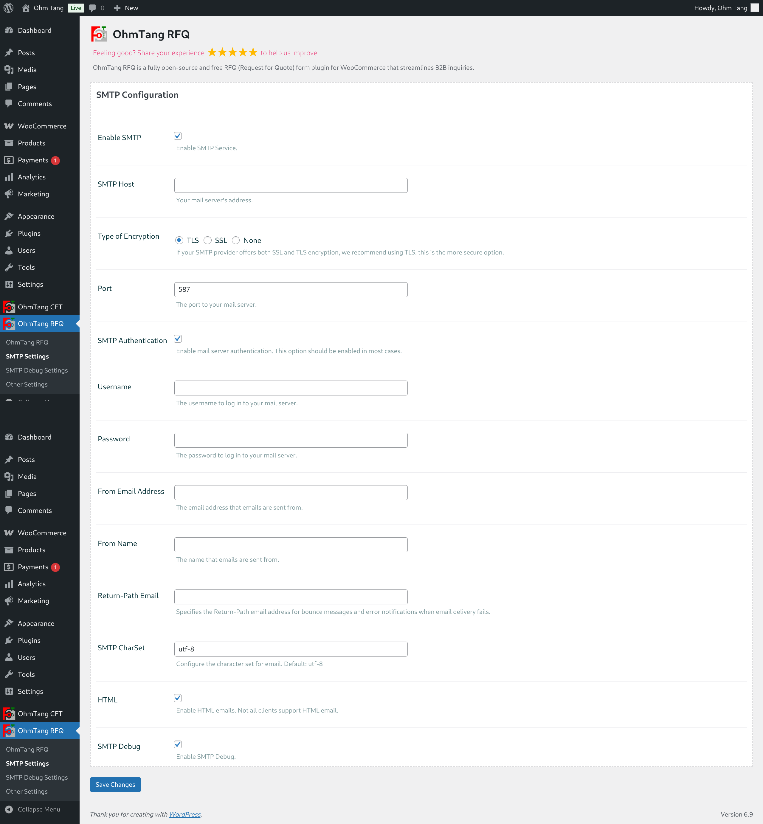 SMTP debugging settings panel.