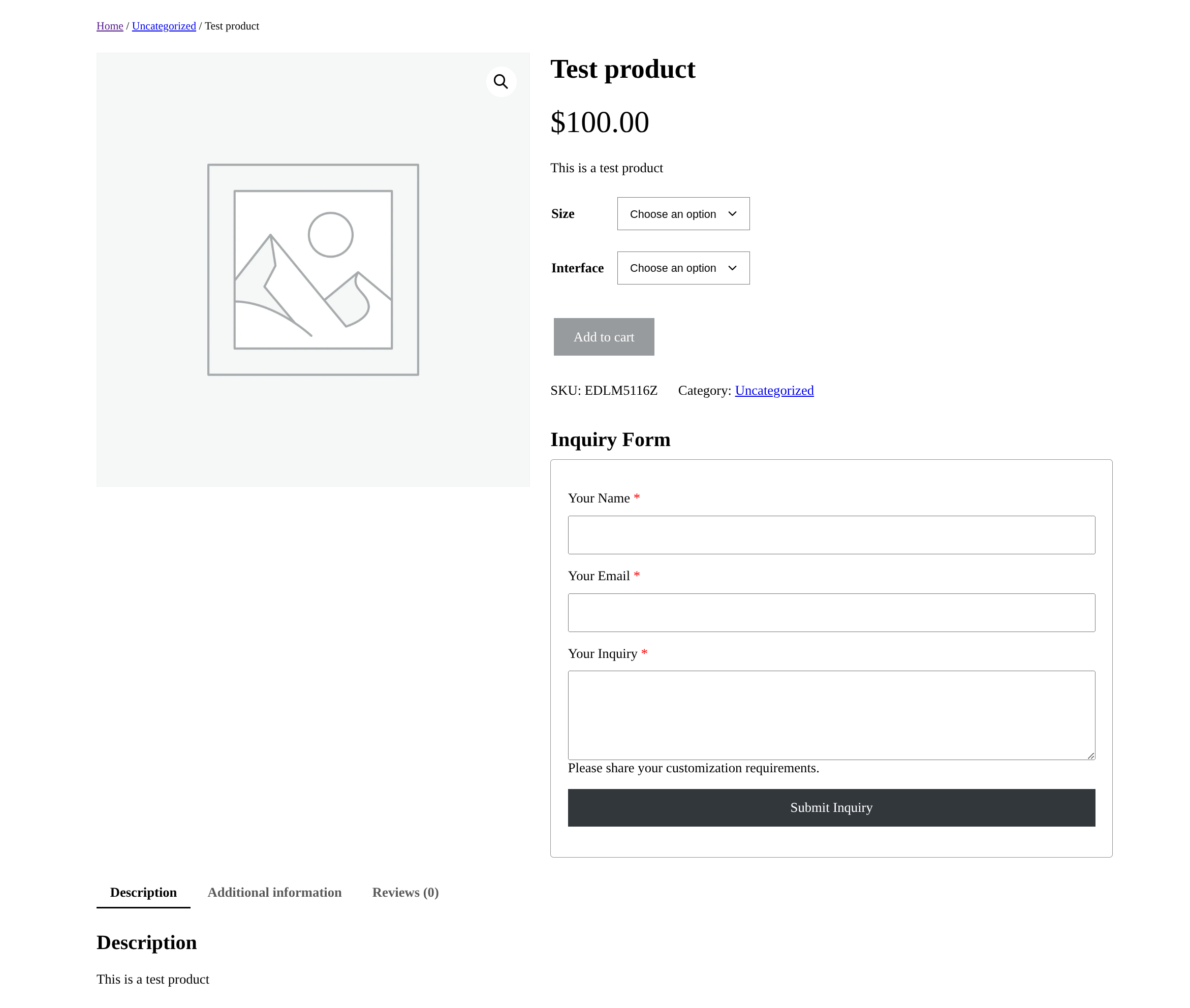 RFQ Form displayed on a product page Before Product Description.