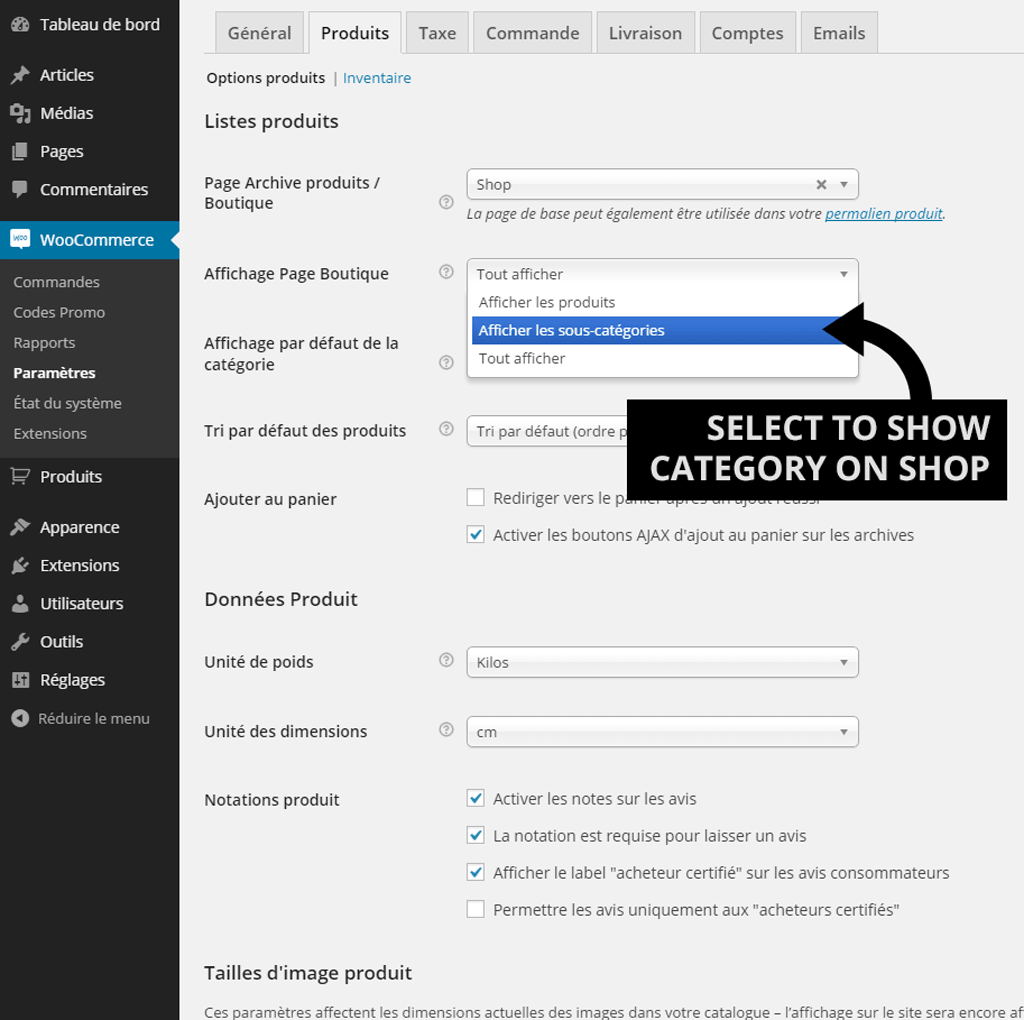 This screenshot shows how to show Categories on WooCommerce Shop main page.