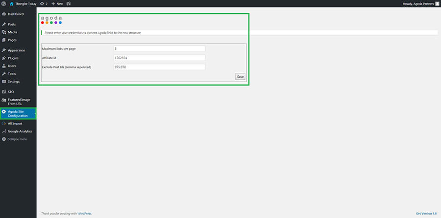 Plugin settings panel can be found under **Agoda Site Configuration**