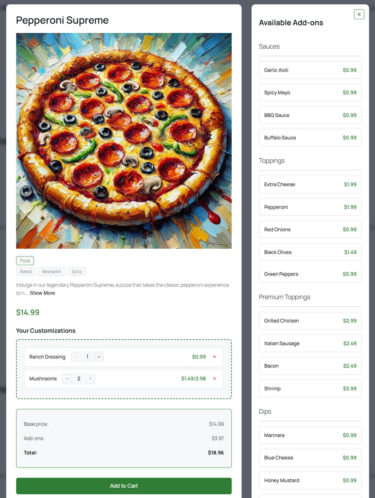 Menu Item customization page