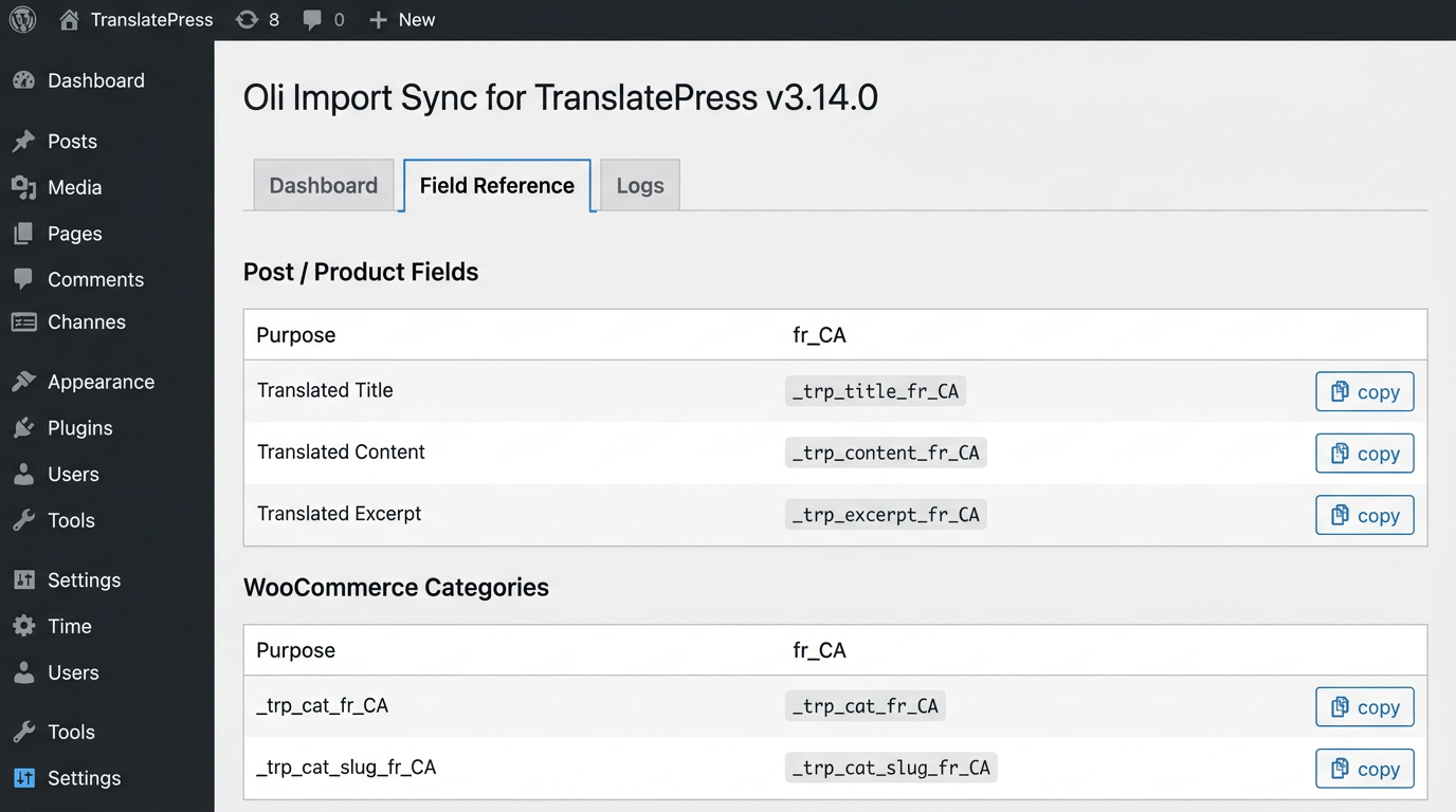 Field Reference — auto-detected custom field names with one-click copy for WP All Import mapping.